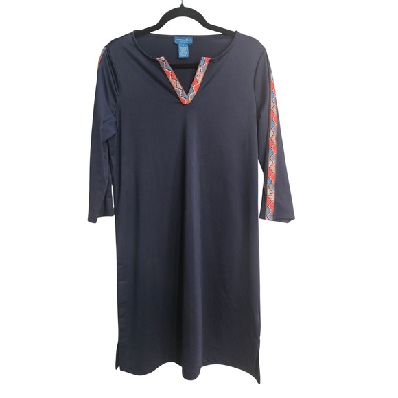 Caribbean Joe Dresses & Skirts - Caribbean Joe Navy Blue Embroidered Split Neck 3/4 Sleeve Shift Dress Womens‎ S